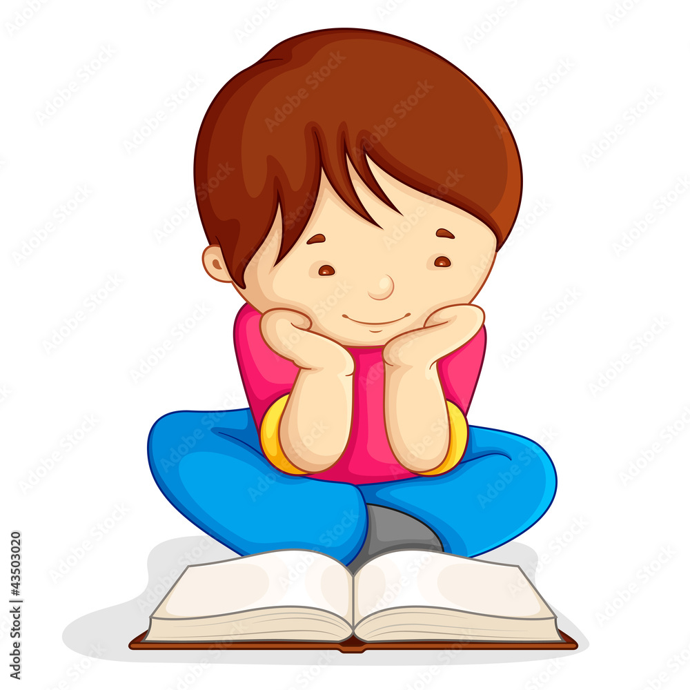vector illustration of boy reading open book sitting on floor