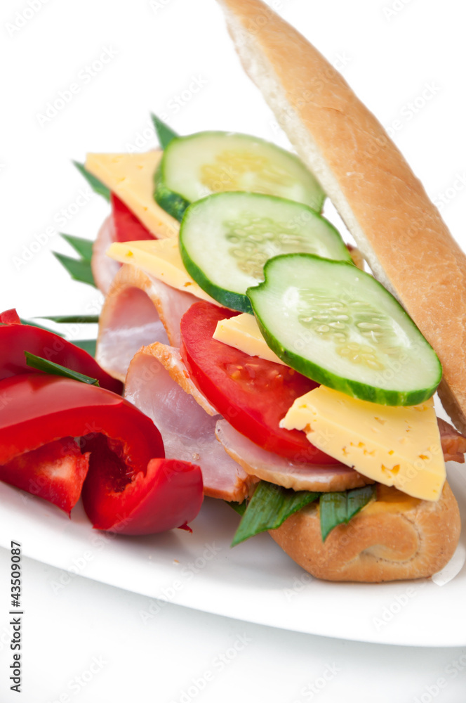 Healthy ham sandwich with cheese, tomatoes and green onions