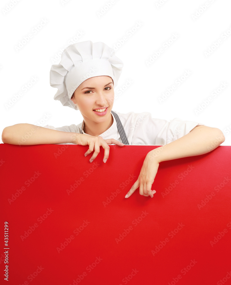 Happy woman cook or baker holding over paper sign billboard. Happy woman cook or baker holding over paper sign billboard.