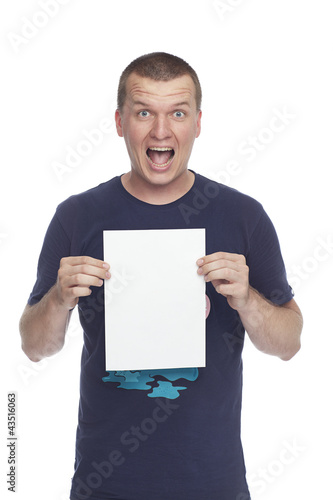 happy guy with blank white paper poster
