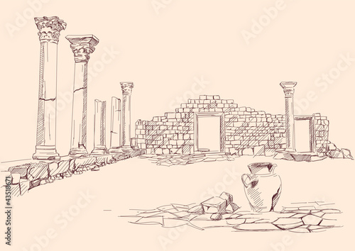 Ruins of temple , archaeology hand drawn