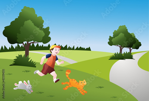 Bambino che corre con animali