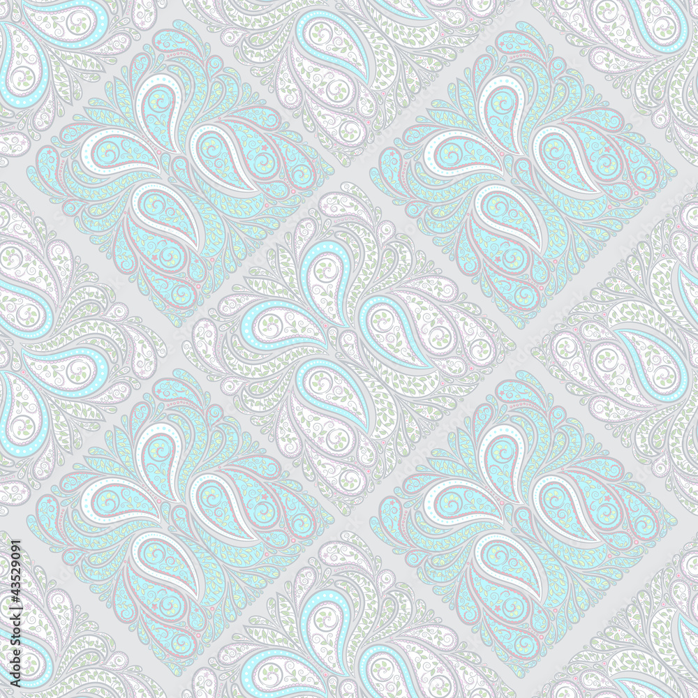 Seamless blue and white pattern with pink and green elements