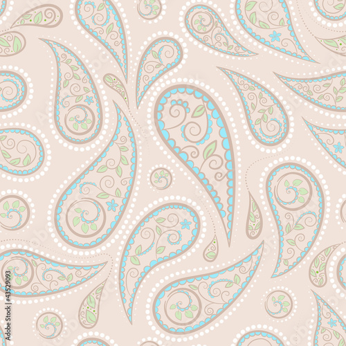 Seamless beige pattern with blue elements and green leaves