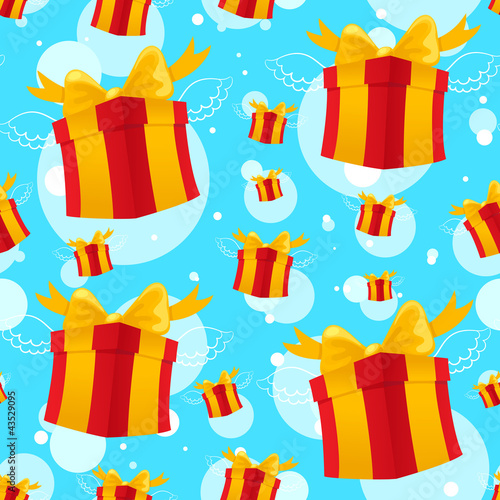 Seamless pattern with Flying presents on a blue background