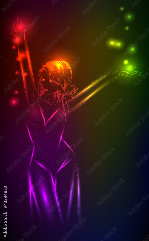 Hand-drawn fashion model from a neon. A light girl's Hand-drawn fashion model from a neon. A light girl's