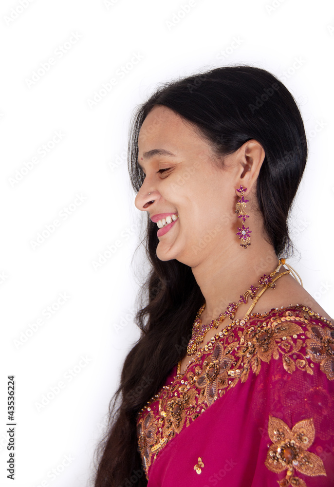 Beautiful Indian happy woman in pink sari Beautiful Indian happy woman in pink sari