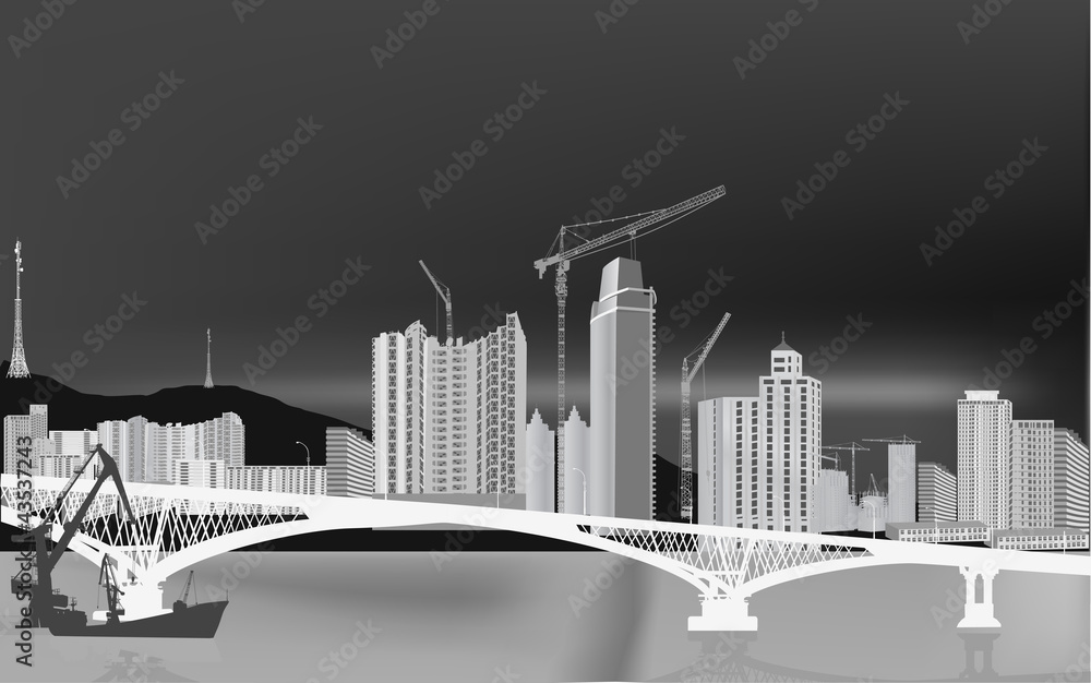 modern bridge and grey city buildings
