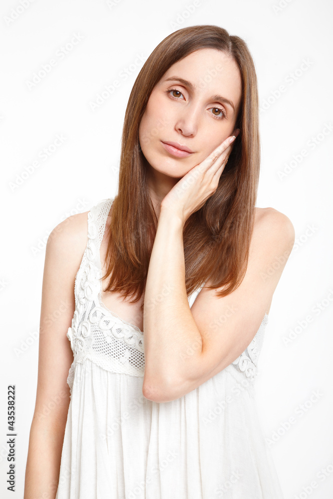 Young girl in nightwear toothache on white background Young girl in nightwear toothache on white background
