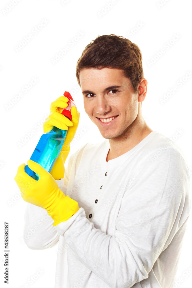 Mann mit Putzmittel Mann mit Putzmittel