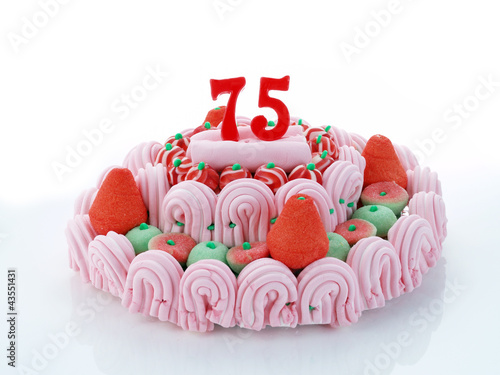 Birthday cake with red candles showing Nr. 75 photo