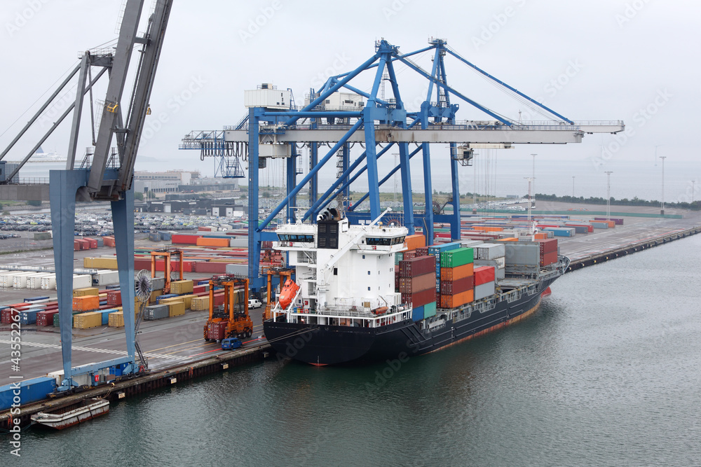 Fototapeta premium Cargo ship in Copenhagen seaport at misty morning, Denmark;