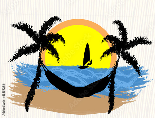 Palms, windsurfer and hammock on tropical place