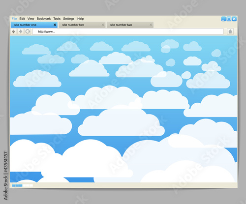 Opened browser window template with clouds