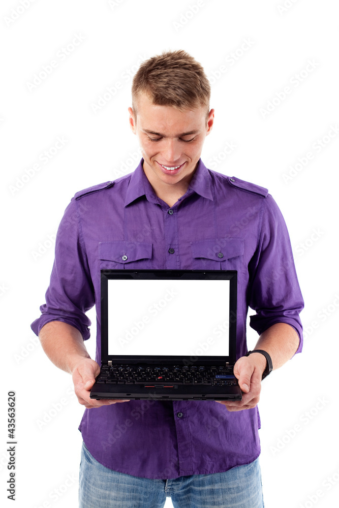 Young man with open laptop. Isolated Young man with open laptop. Isolated