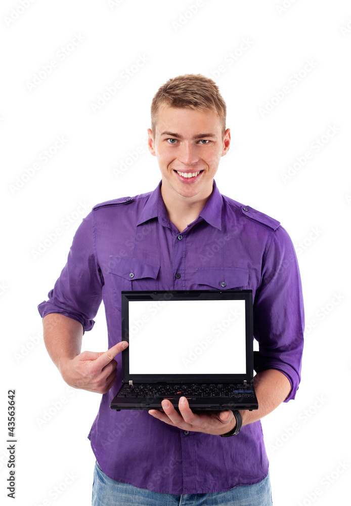 Young man with open laptop. Isolated Young man with open laptop. Isolated