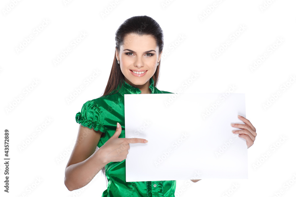 young, beautiful brunette holds a banner young, beautiful brunette holds a banner