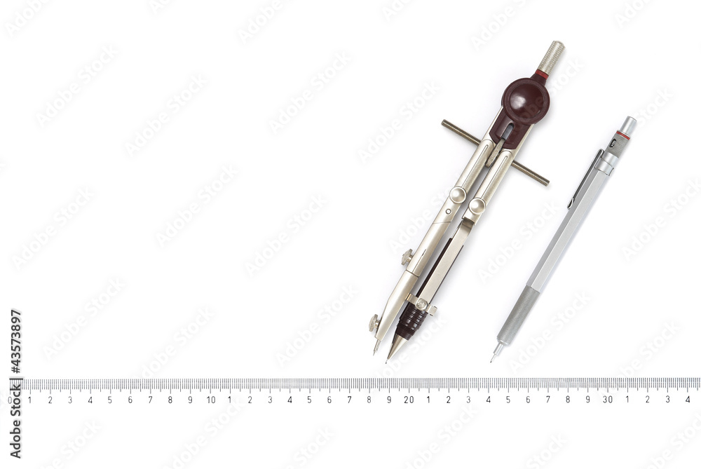 Fototapeta premium Aluminum pencil, drawing compass and ruler on white background