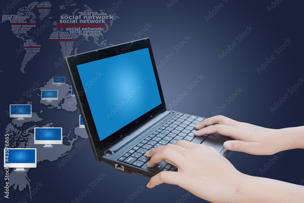 Hand pushing laptop keyboard with Social Network. Hand pushing laptop keyboard with Social Network.