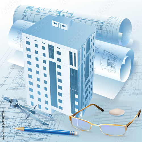 Architectural background with a 3D building model