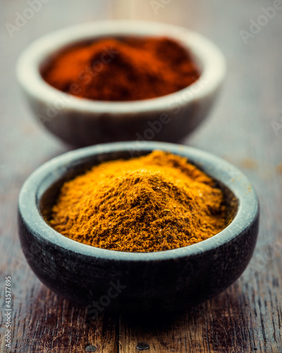 Curry powder and chili pepper in small containers