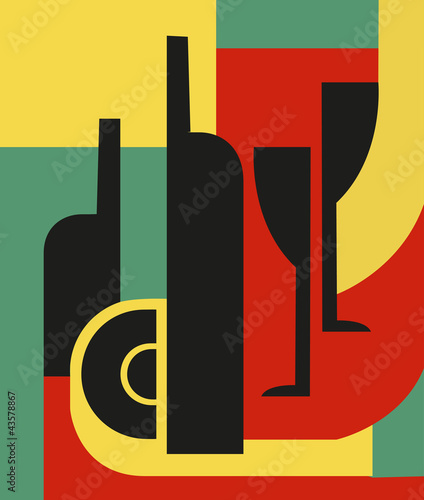Bottle and glass. Abstract composition. Vector