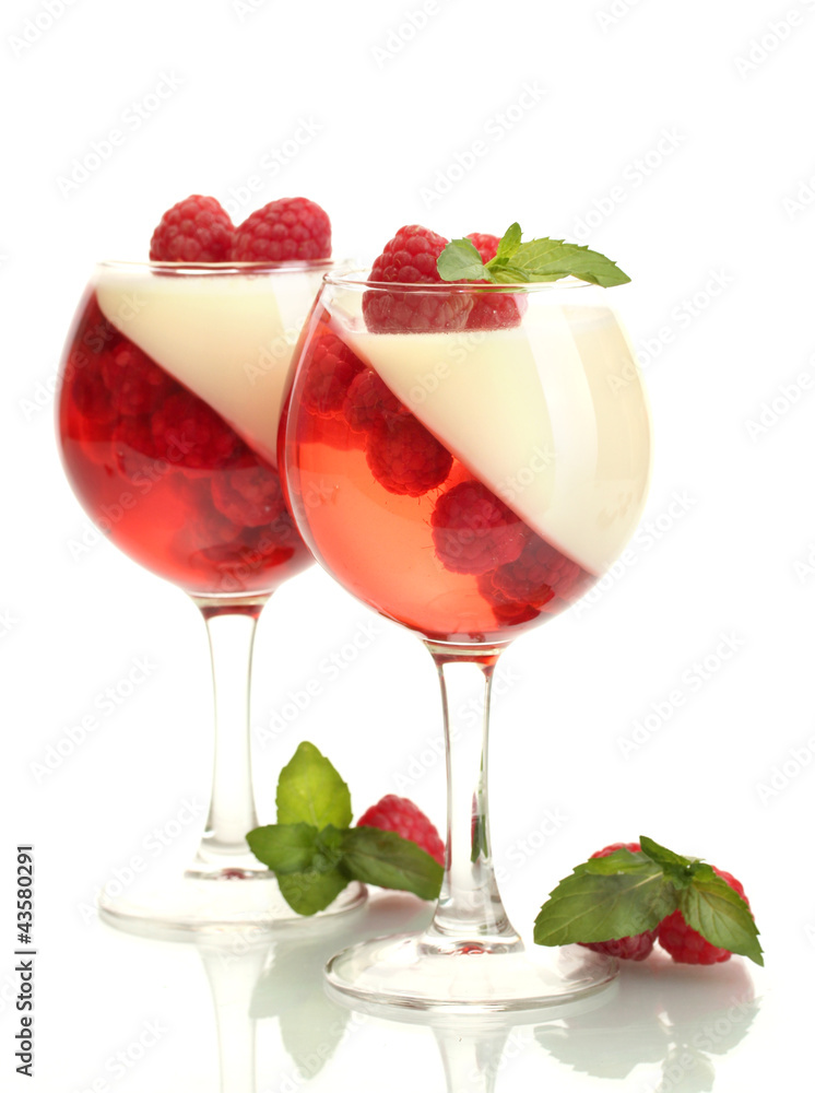 fruit jelly with raspberries in glasses isolated on white fruit jelly with raspberries in glasses isolated on white