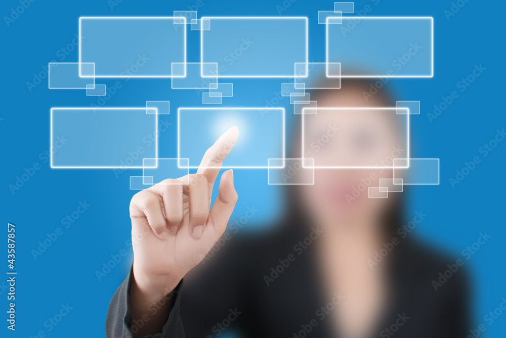 Business lady pushing button on the whiteboard. Business lady pushing button on the whiteboard.