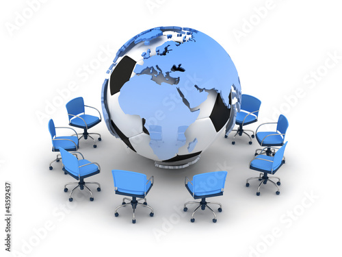Soccer ball, earth globe and office chairs