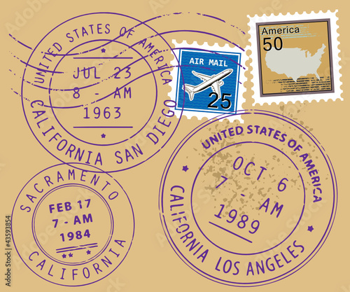 Set of USA post stamp symbols, vector illustration