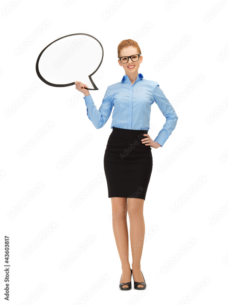 smiling businesswoman with blank text bubble smiling businesswoman with blank text bubble