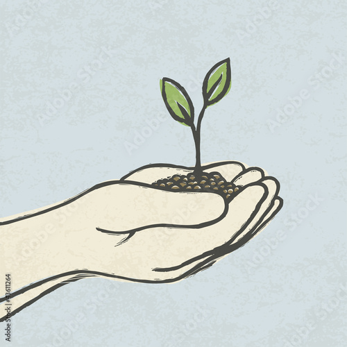 Hands with green sprout and dirt heap. Hand-drawn vector illustr