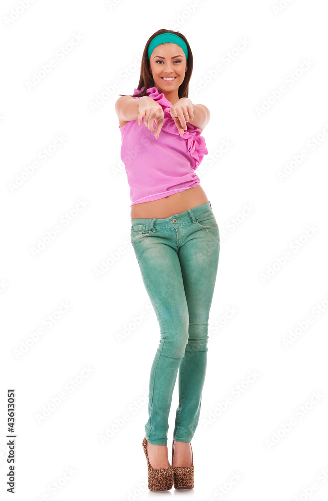 woman in casual clothes, pointing at you woman in casual clothes, pointing at you