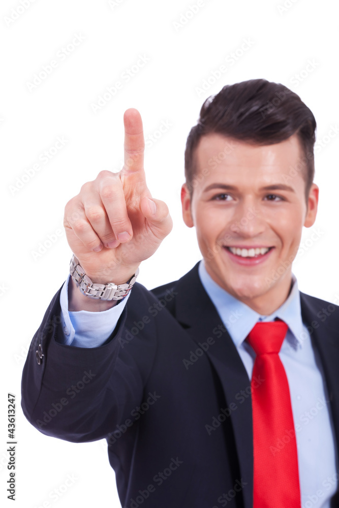 business man pushing imaginary buttons business man pushing imaginary buttons