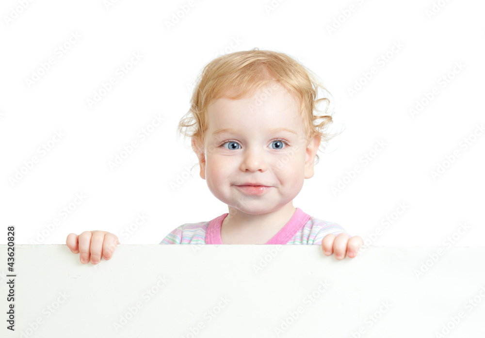 Curly cute child face holding blank advertising banner Curly cute child face holding blank advertising banner