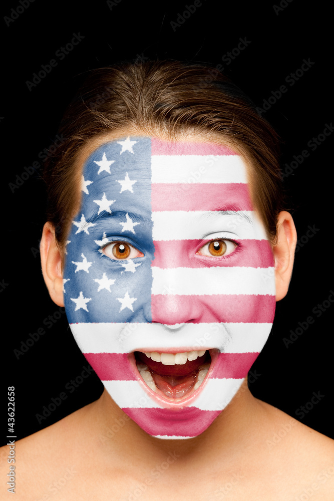 girl with united states flag on her face