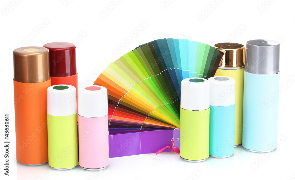 aerosol cans and bright paper palette isolated on white aerosol cans and bright paper palette isolated on white