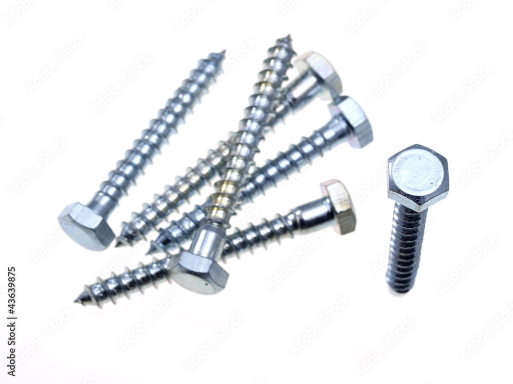 Hex head screws. Focus on head of vertical screw. Hex head screws. Focus on head of vertical screw.