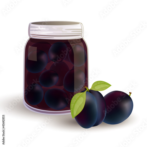 Vector illustration of fresh plums and plums in a jar
