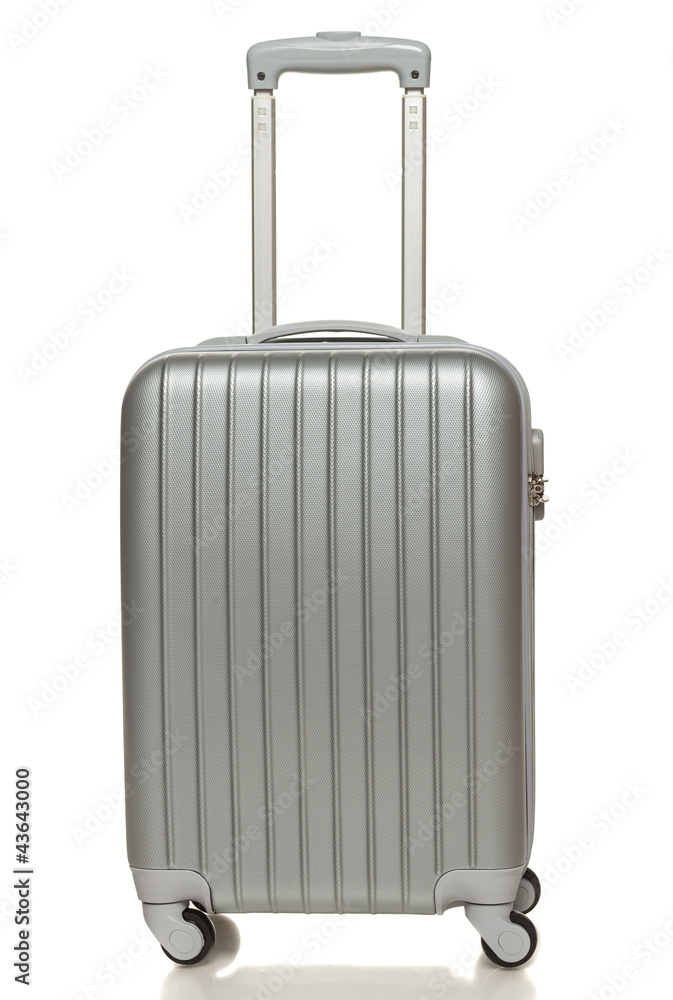 Front view of silver travel suitcase standing over white Front view of silver travel suitcase standing over white