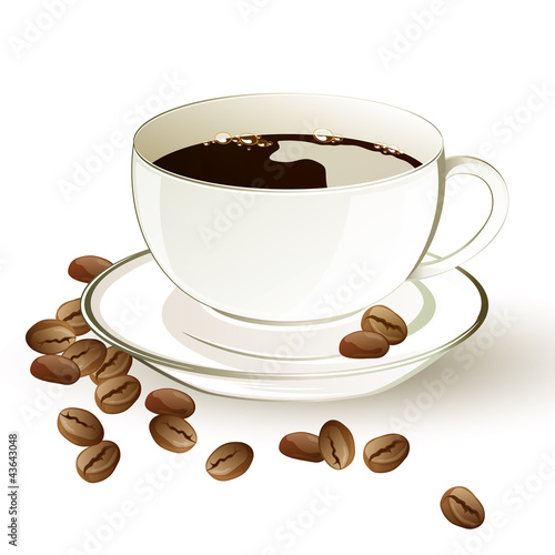 Vector illustration of a cup of coffee and coffee beans