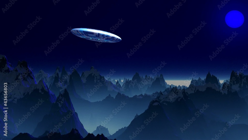 UFO in the sky of a blue planet. UFO in the sky of a blue planet.