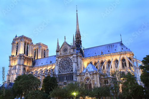 Notre Dame Cathedral in Paris, France at dusk