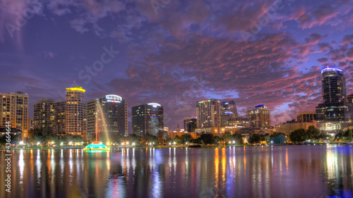 HDR image of orlando skyline with lake eola in foreground