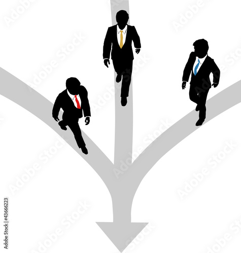 Business men walk 3 paths together toward one