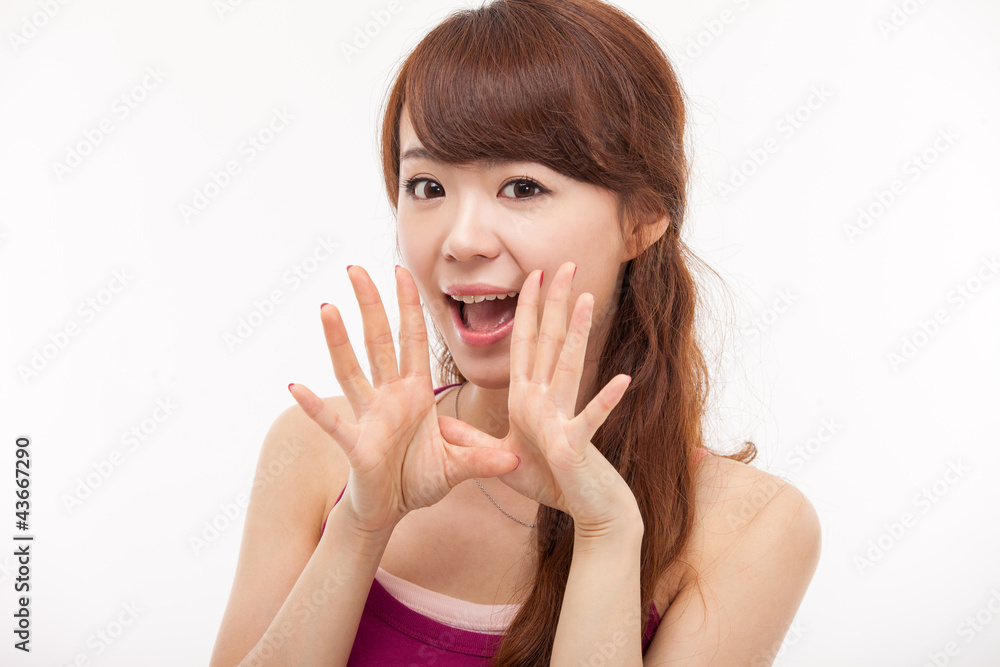 Saying young asian woman isolated on white background. Saying young asian woman isolated on white background.