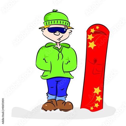 A cartoon snowboarder next to his snowboard