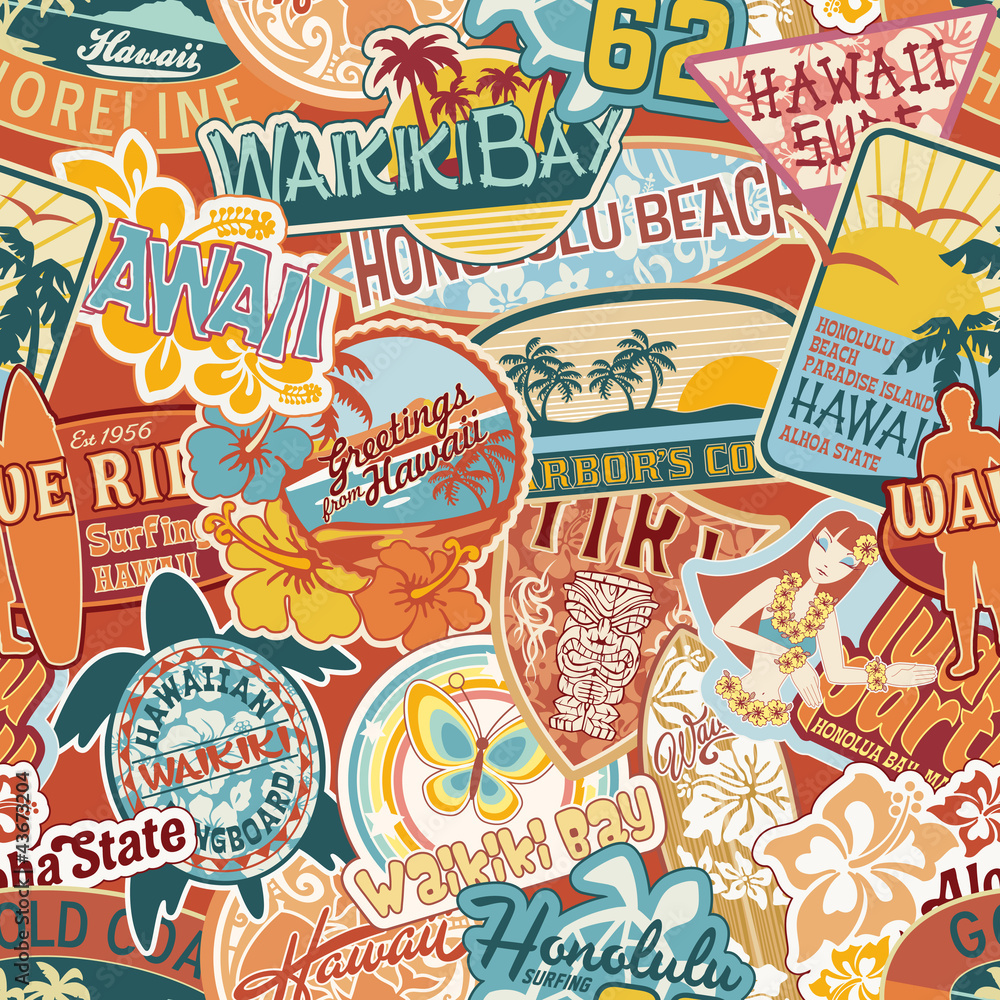 Hawaii stickers patchwork seamless pattern