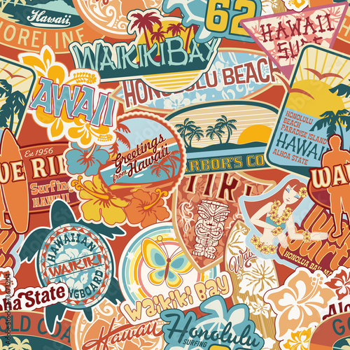 Hawaii stickers patchwork seamless pattern