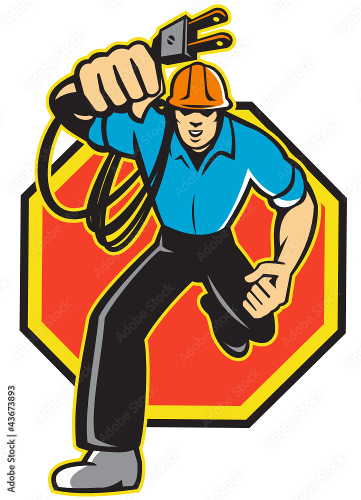 Electrician Worker Running Electrical Plug Electrician Worker Running Electrical Plug